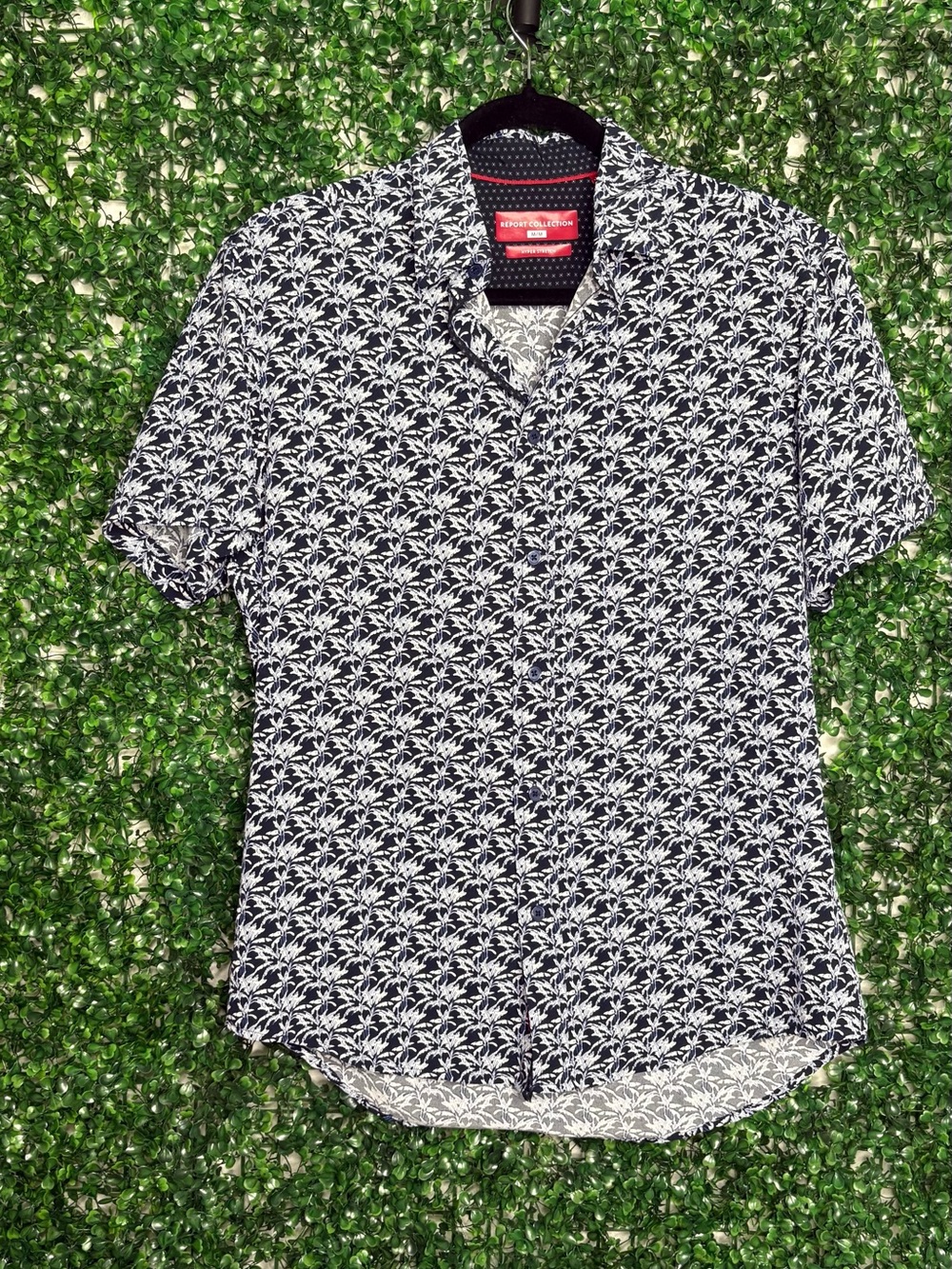 Report Collection Navy and White Short Sleeve Palm Print Button-Down Shirt